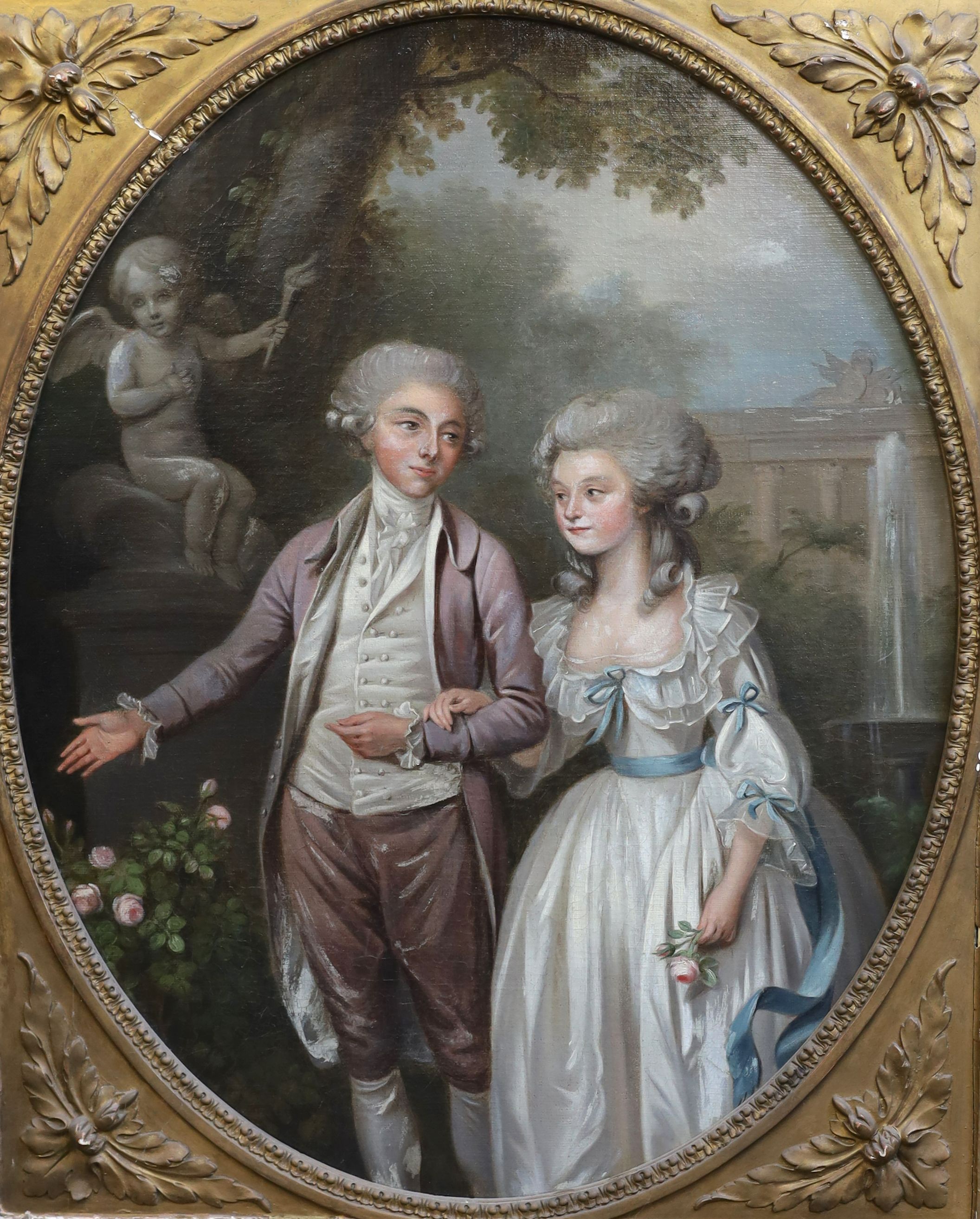 Late 18th century English School, Three quarter length portrait of a husband and wife admiring roses in an Italianate garden, oil on canvas, oval, 71 x 57cm